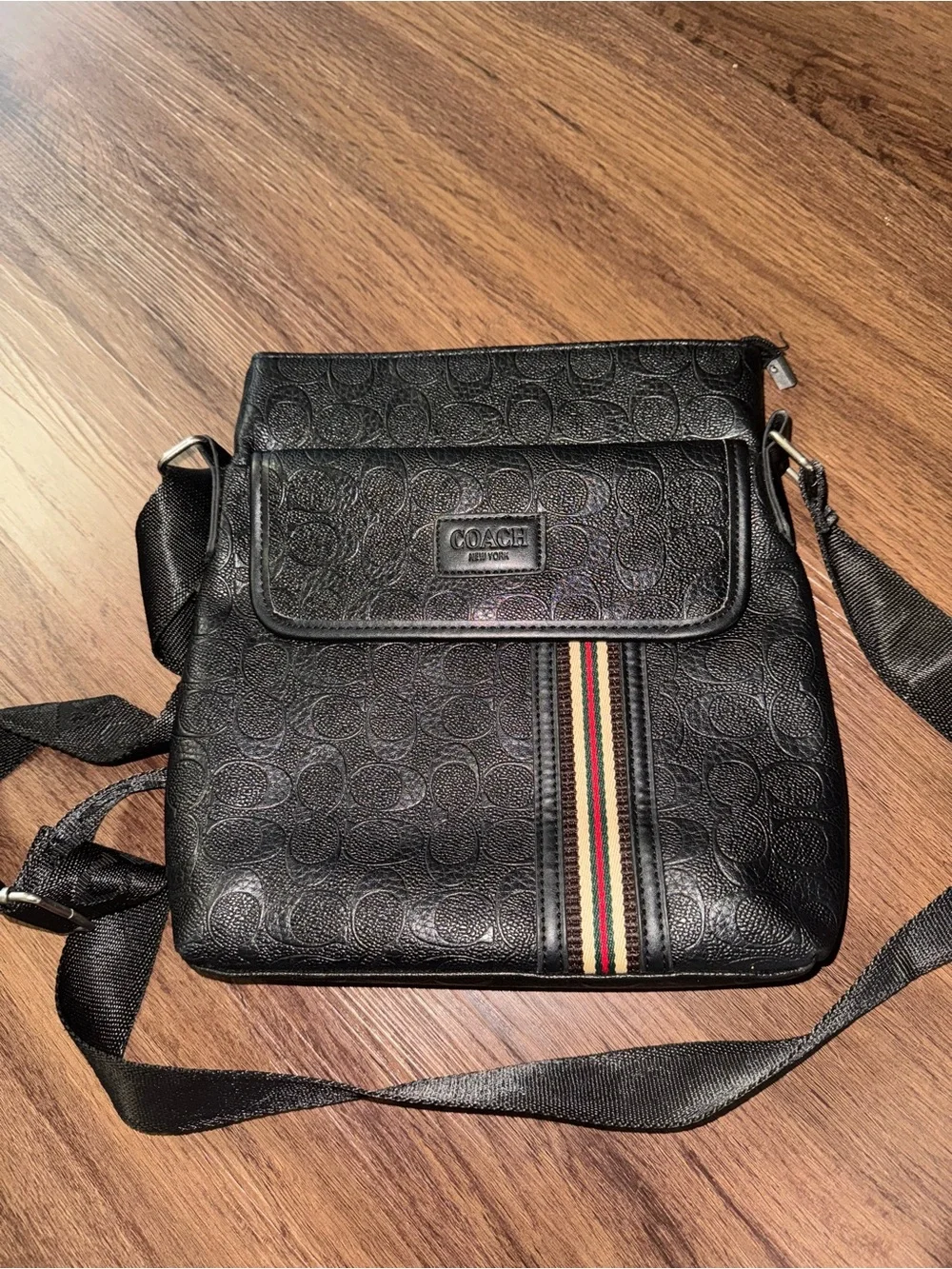 Coach Black Embossed Signature Messenger with Multistripe Accent